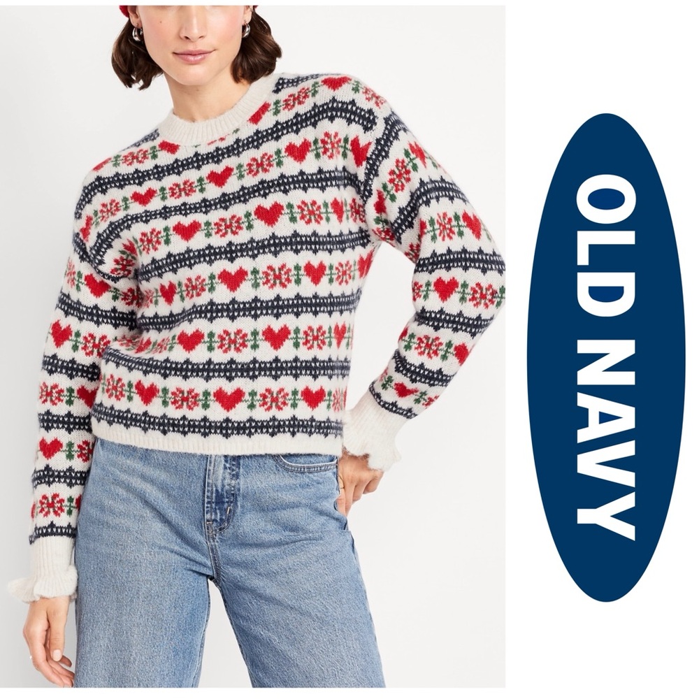 Old Navy Loose Crew Neck Wool Blend Cropped Sweater NWT Nordic Fair Isle XL